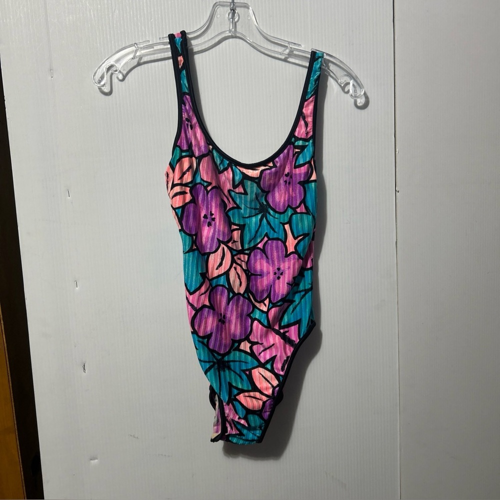 Barefoot Miss of California Vintage 90s Neon Floral High Cut Swimsuit Size 9/10